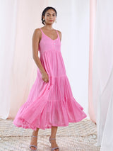 Pink Cotton Voile Flared Maxi Dress