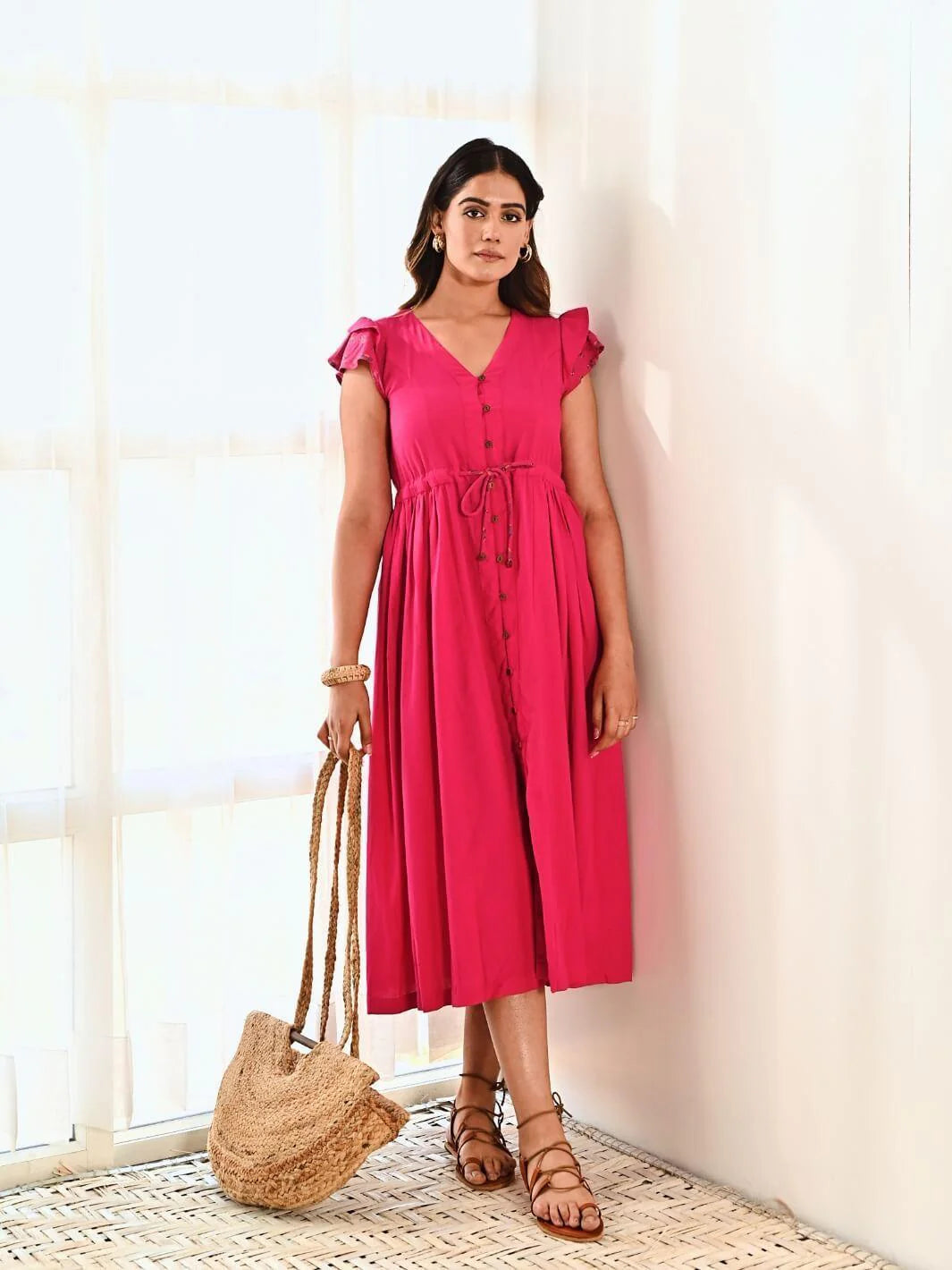 Fuchsia Cotton Long Shirt Dress