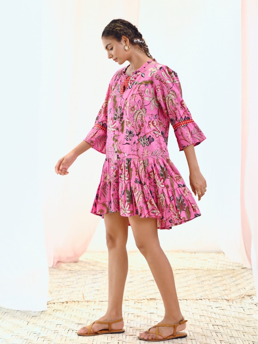 Pink Cotton Printed Short Floral Dress