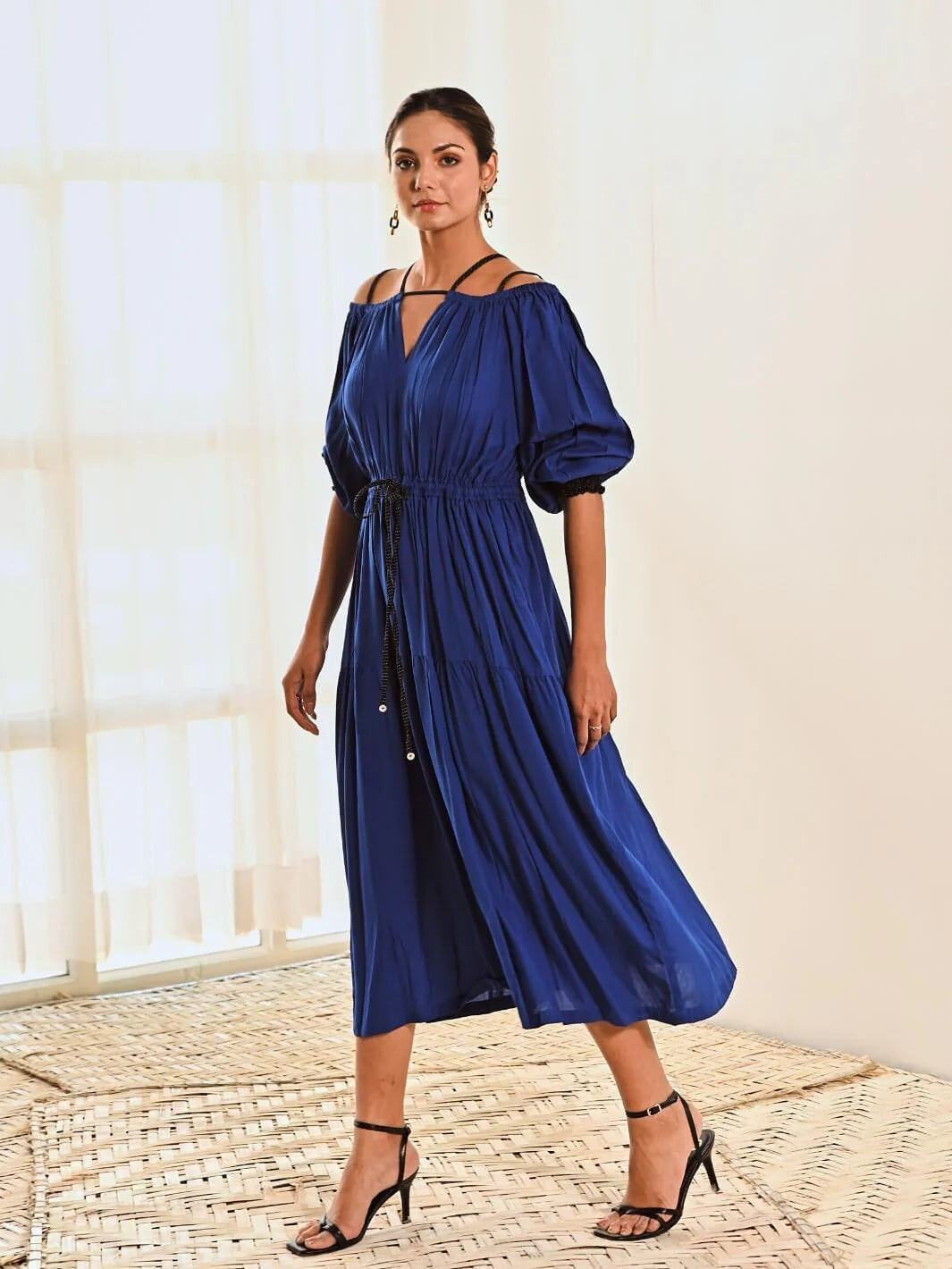 Blue Cotton Cold Shoulder Long Dress