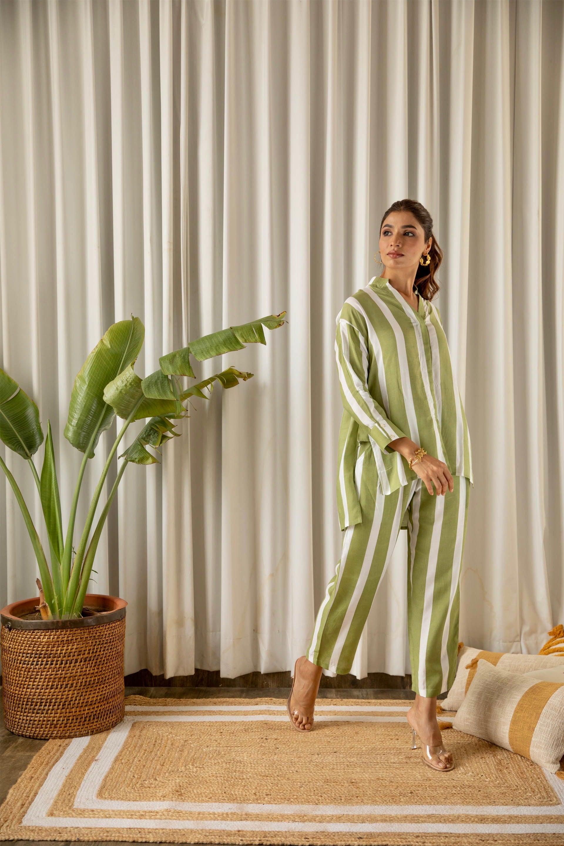 Green Striped Muslin Co-ord Set (Set of Two)