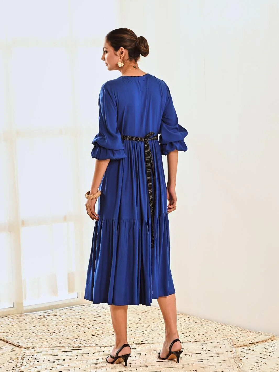 Blue Cotton Maxi Long Dress with Belt