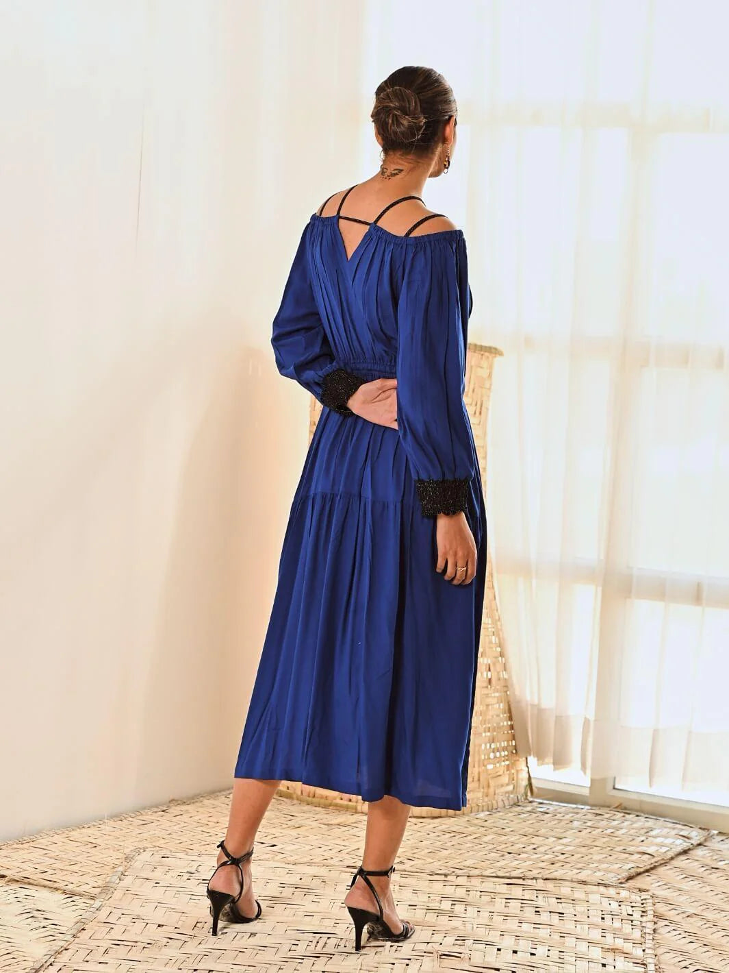 Blue Cotton Cold Shoulder Long Dress