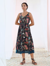 Black Cotton Printed V-Neck Floral Slip Dress