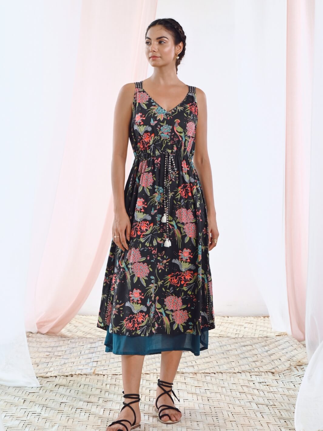 Black Cotton Printed V-Neck Floral Slip Dress