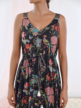 Black Cotton Printed V-Neck Floral Slip Dress