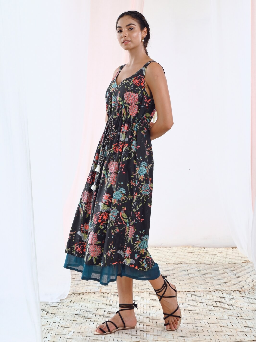 Black Cotton Printed V-Neck Floral Slip Dress