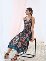 Black Cotton Printed V-Neck Floral Slip Dress