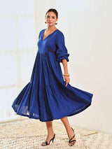 Blue Cotton Maxi Long Dress with Belt