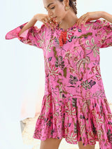 Pink Cotton Printed Short Floral Dress