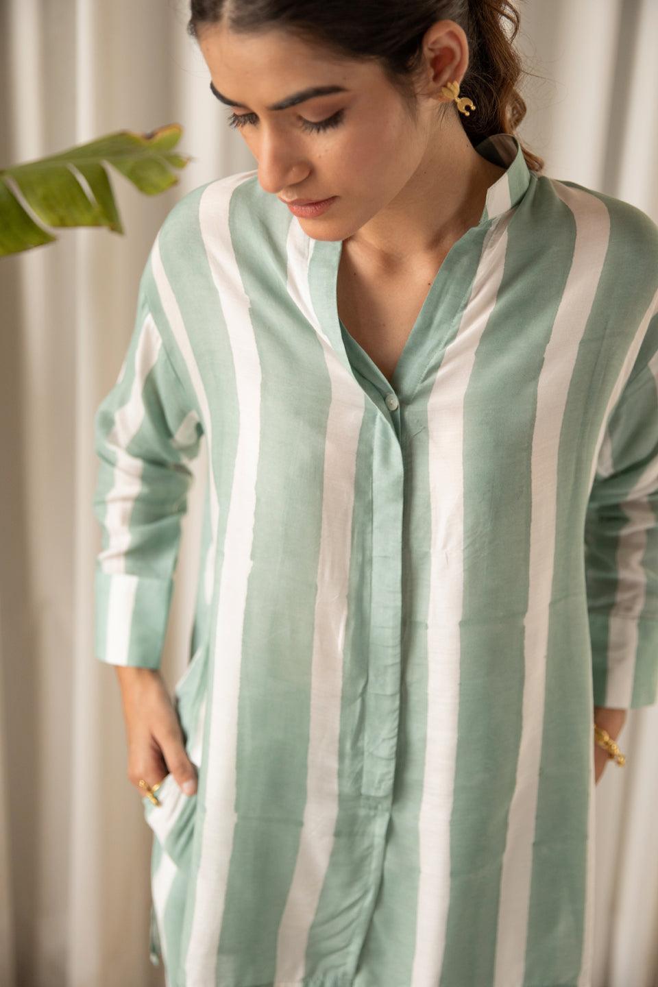 Aqua Blue Striped Muslin (Shirt only)