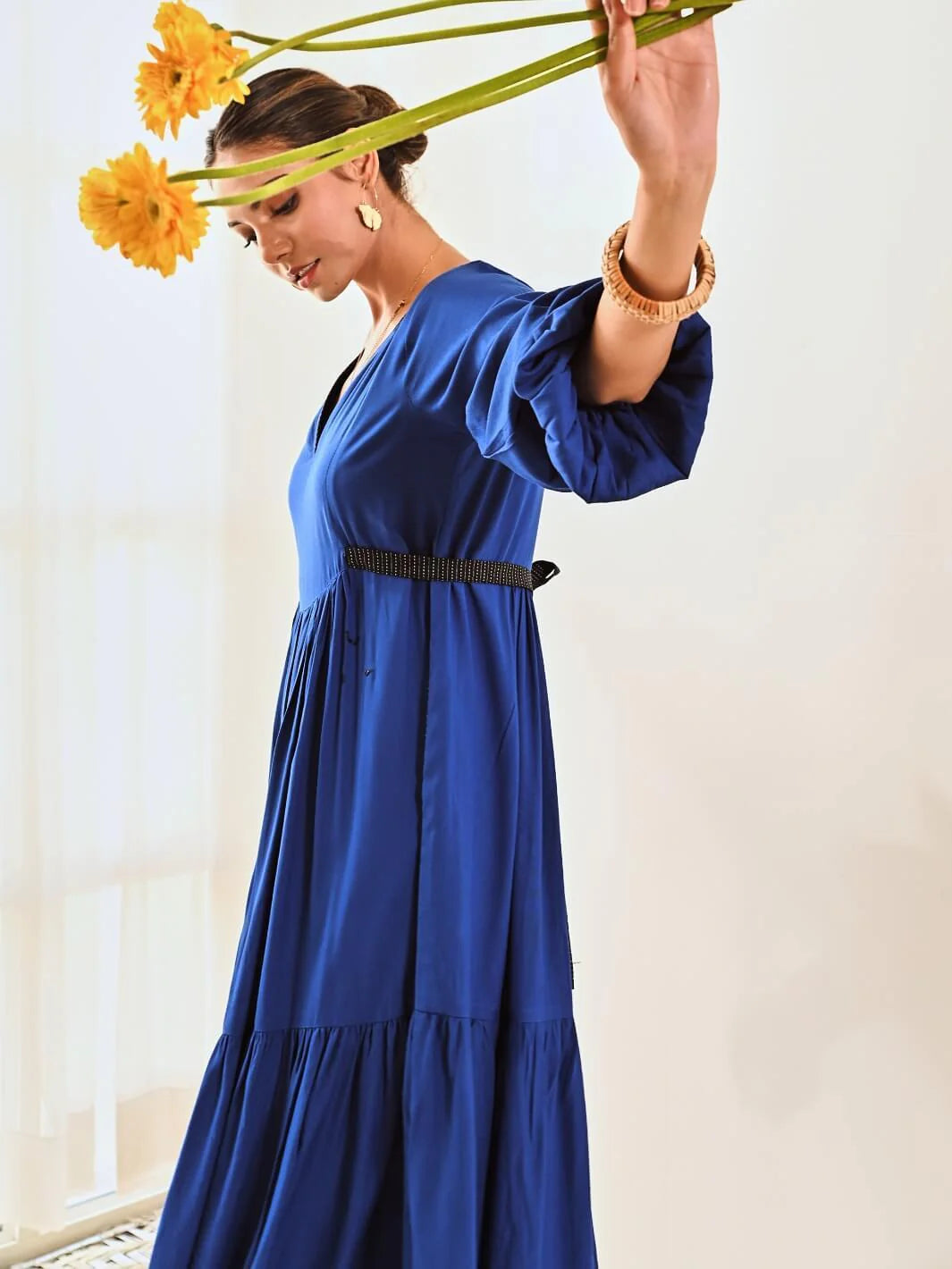 Blue Cotton Maxi Long Dress with Belt