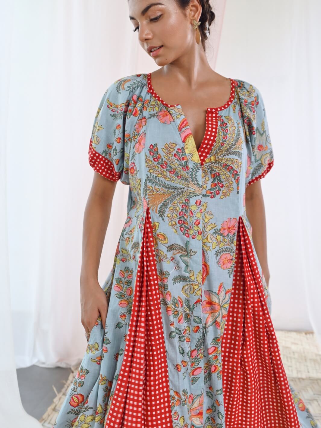 Aqua Blue Cotton Printed Long Dress with Balloon Sleeves