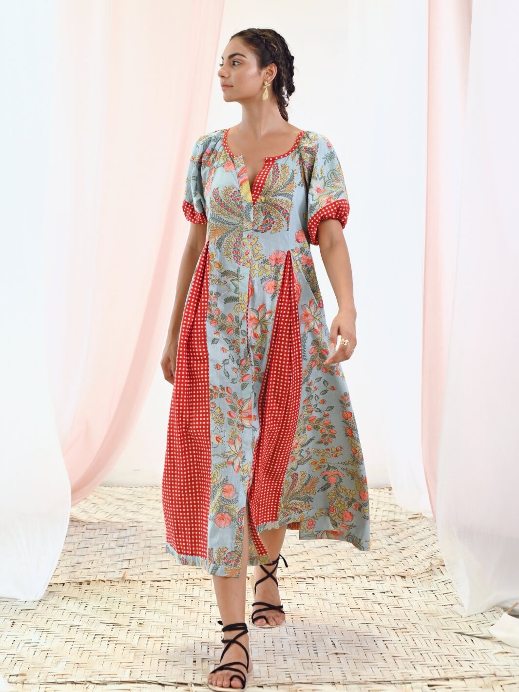 Aqua Blue Cotton Printed Long Dress with Balloon Sleeves