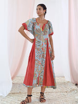 Aqua Blue Cotton Printed Long Dress with Balloon Sleeves