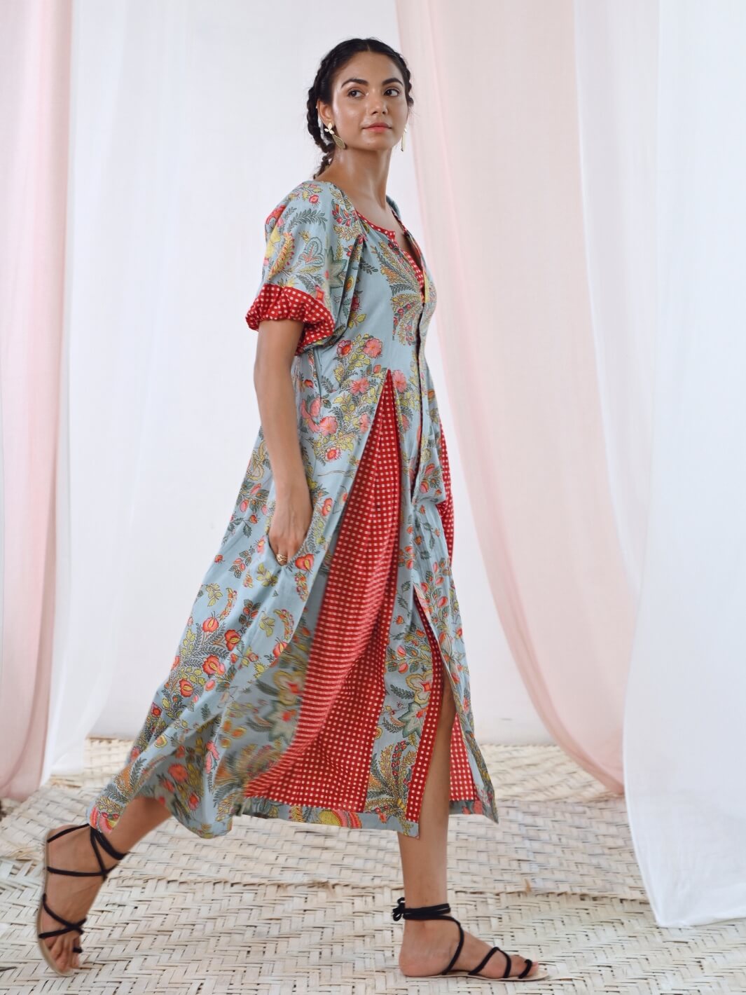 Aqua Blue Cotton Printed Long Dress with Balloon Sleeves