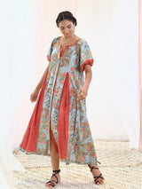 Aqua Blue Cotton Printed Long Dress with Balloon Sleeves