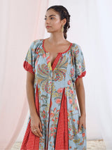 Aqua Blue Cotton Printed Long Dress with Balloon Sleeves