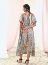 Aqua Blue Cotton Printed Long Dress with Balloon Sleeves