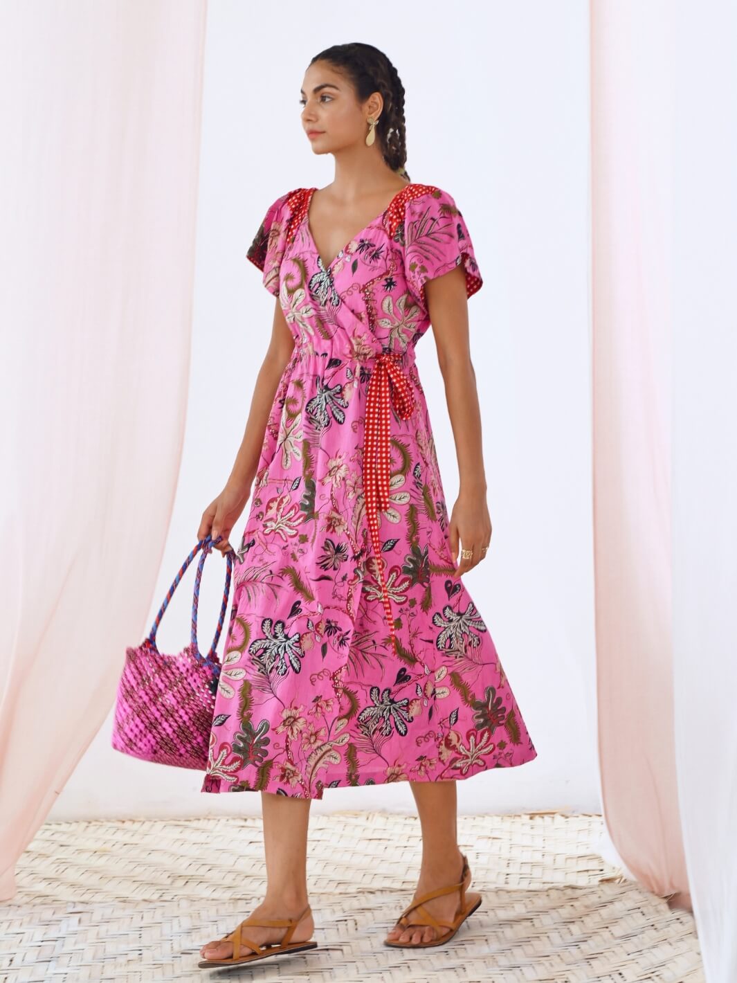 Pink Cotton Printed Floral Wrap Dress