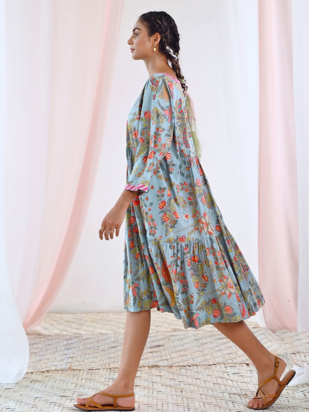 Aqua Blue Cotton V-Neck Midi Floral Dress