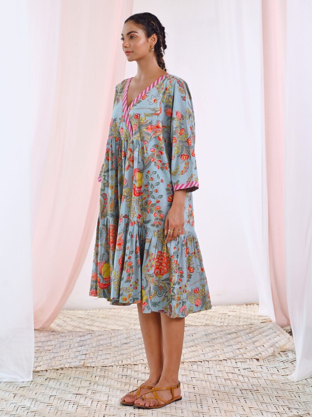 Aqua Blue Cotton V-Neck Midi Floral Dress