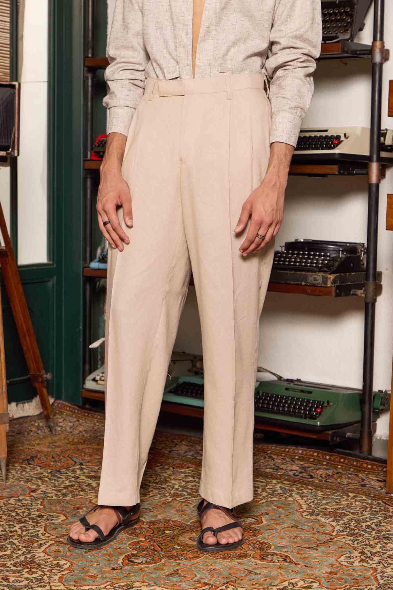 Pleated Linen Trousers - Cream