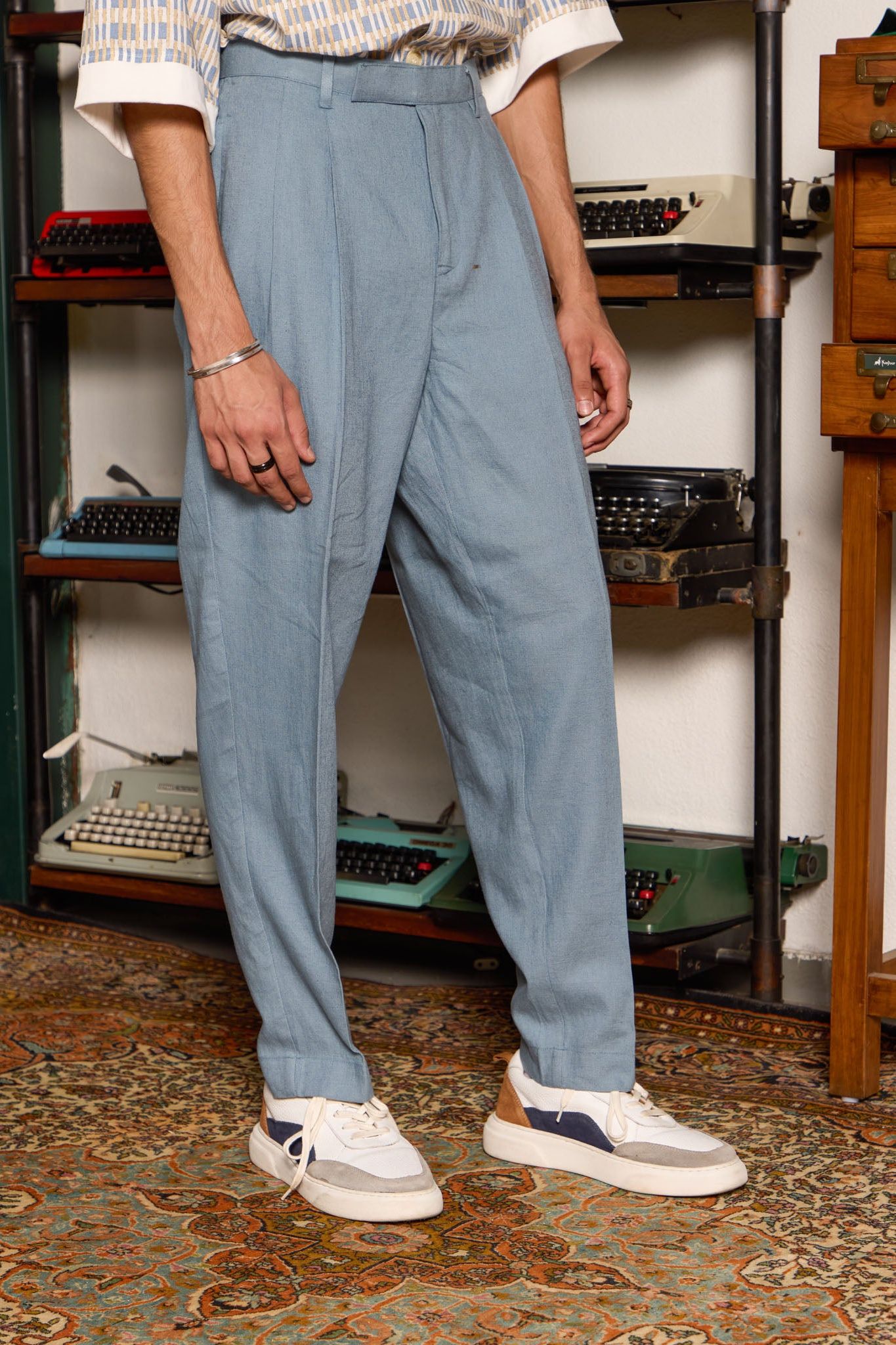 Pleated Linen Trousers - Slate Blue