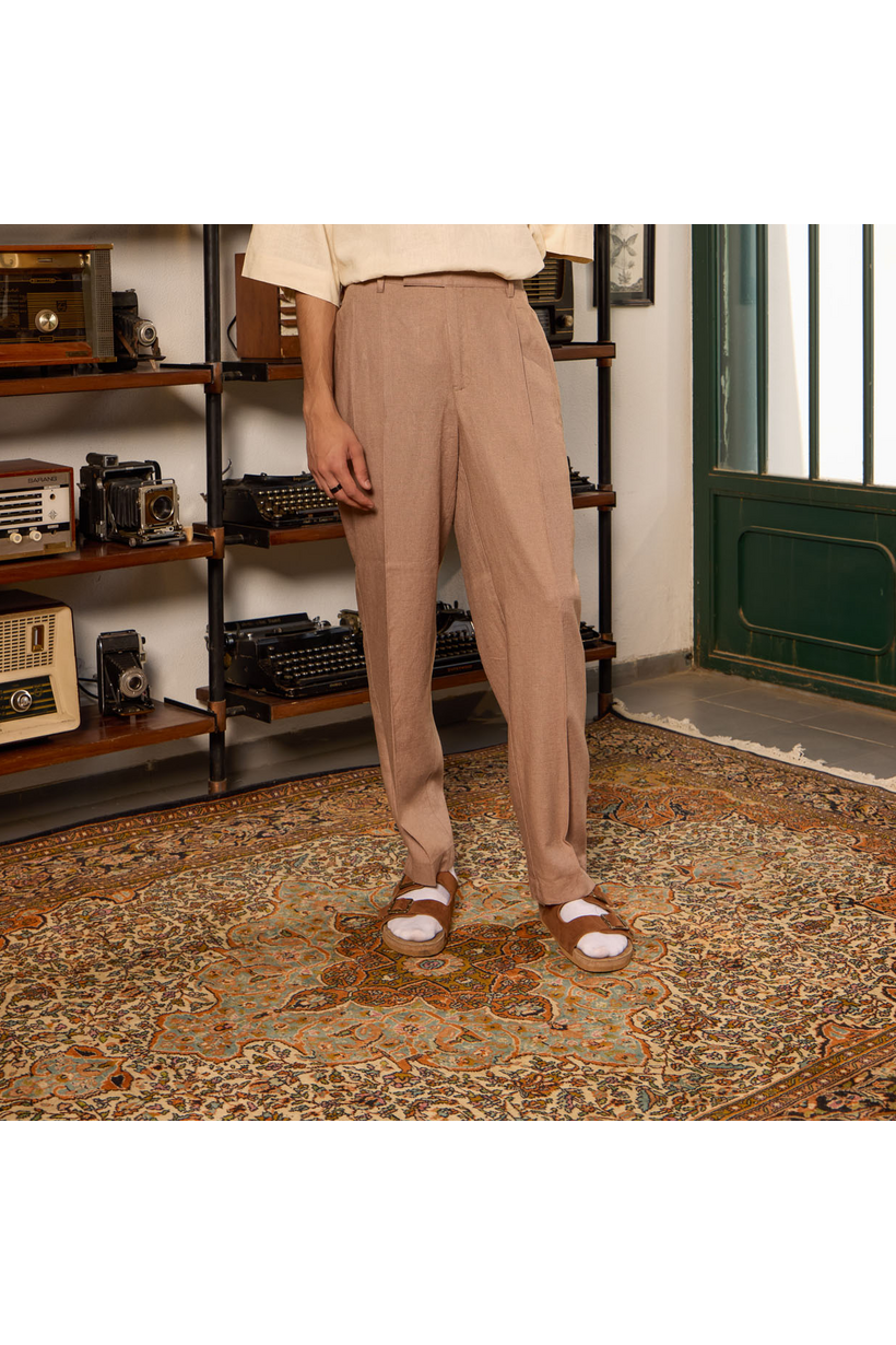 Pleated Linen Trousers - Earth