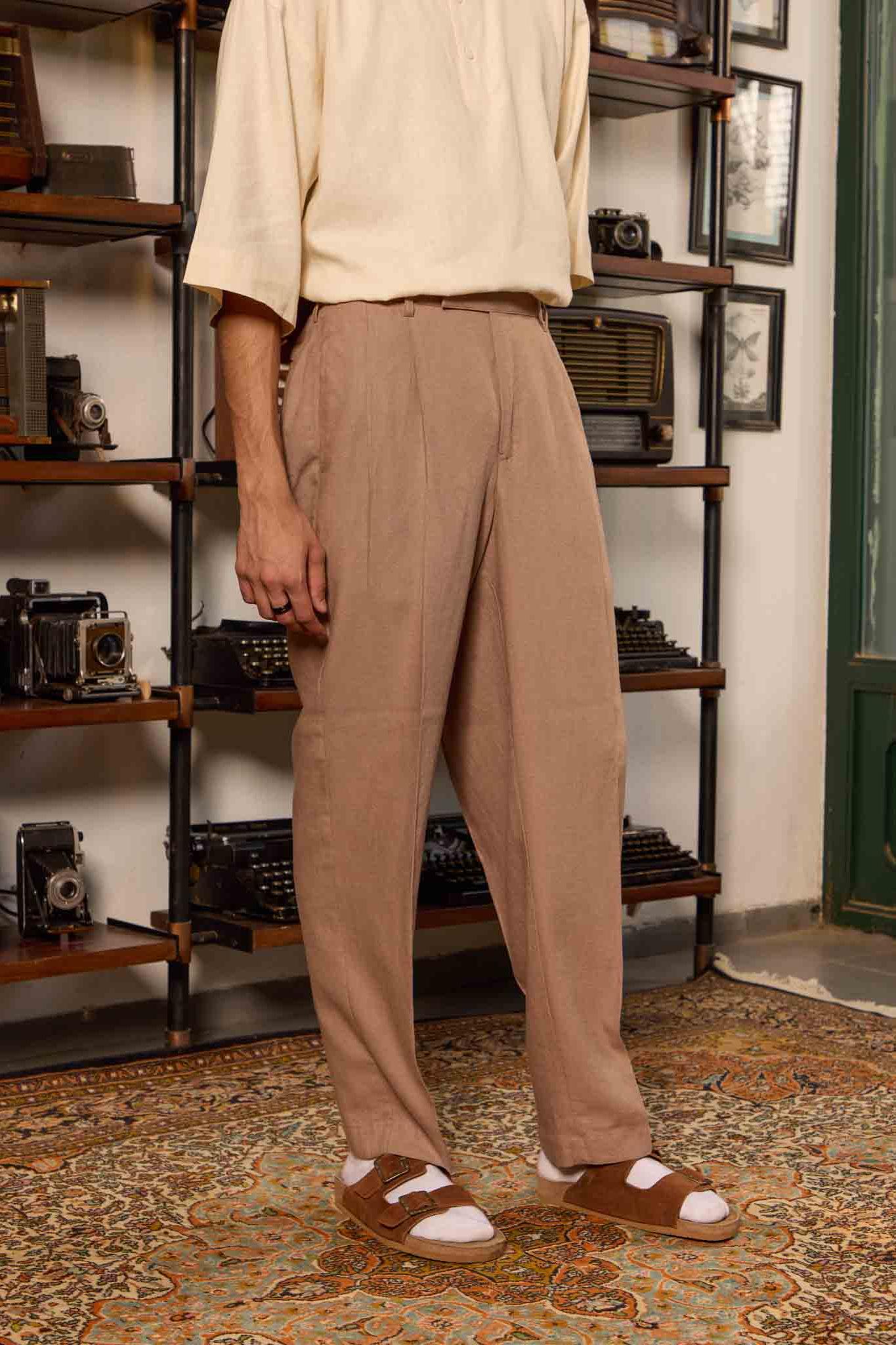 Pleated Linen Trousers - Earth