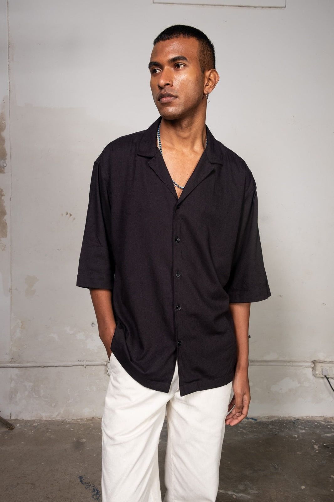 Tencel Black Camp Collar Shirt