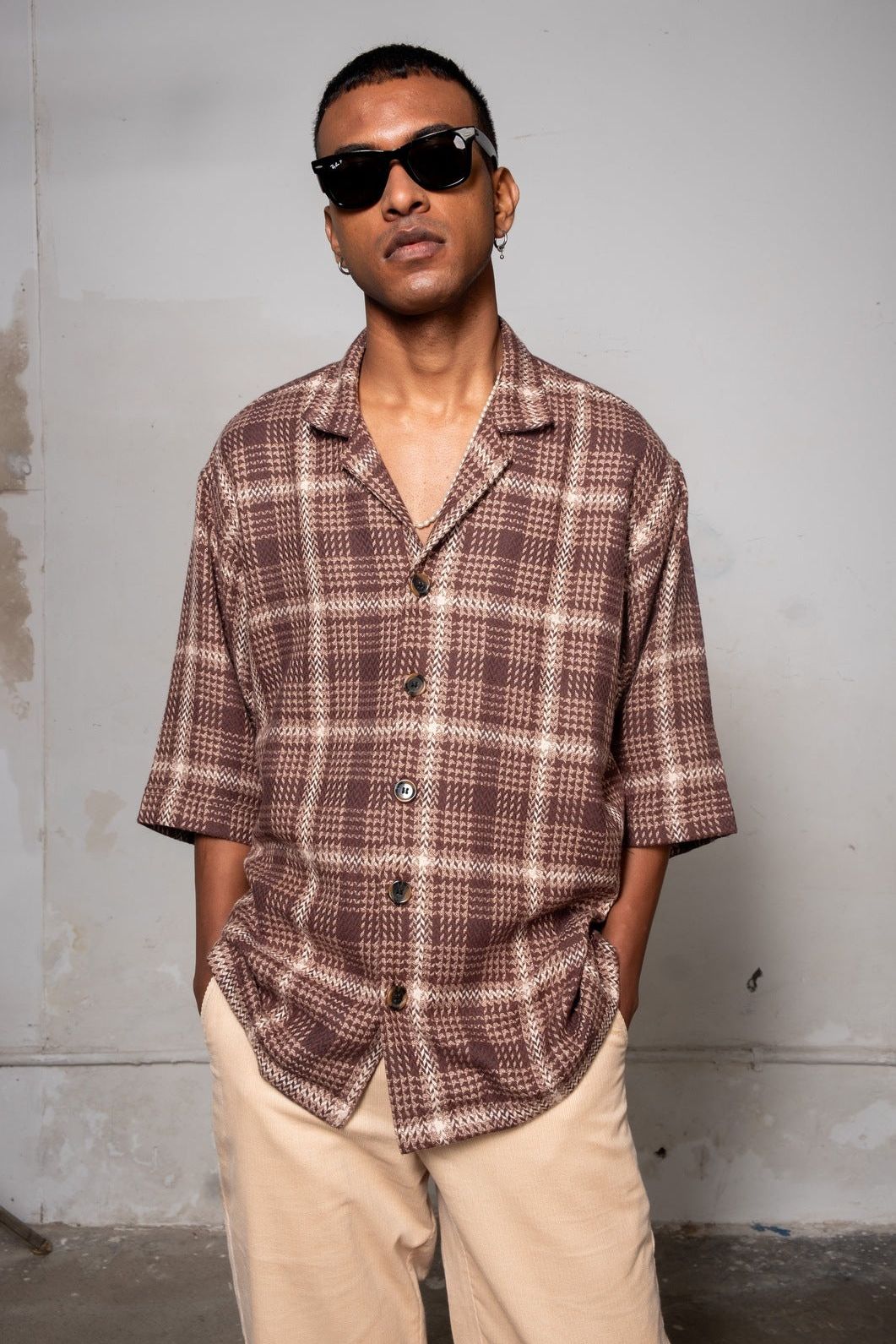 Brown Checked Camp Collar Half Sleeve Shirt