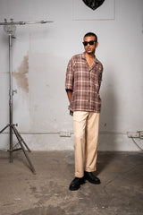 Brown Checked Camp Collar Half Sleeve Shirt