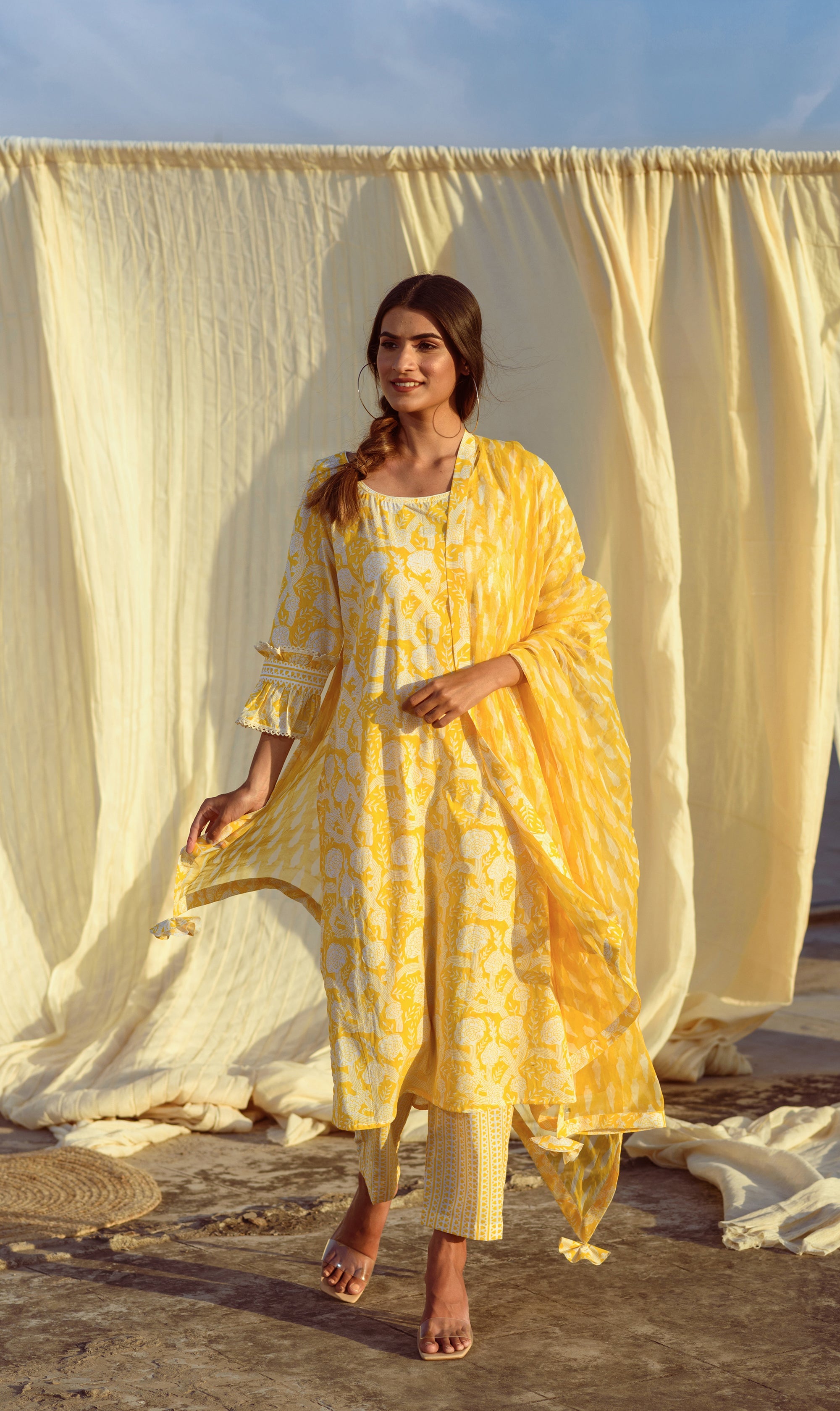 Yellow Block-Printed Tunic Set (Set of Three)