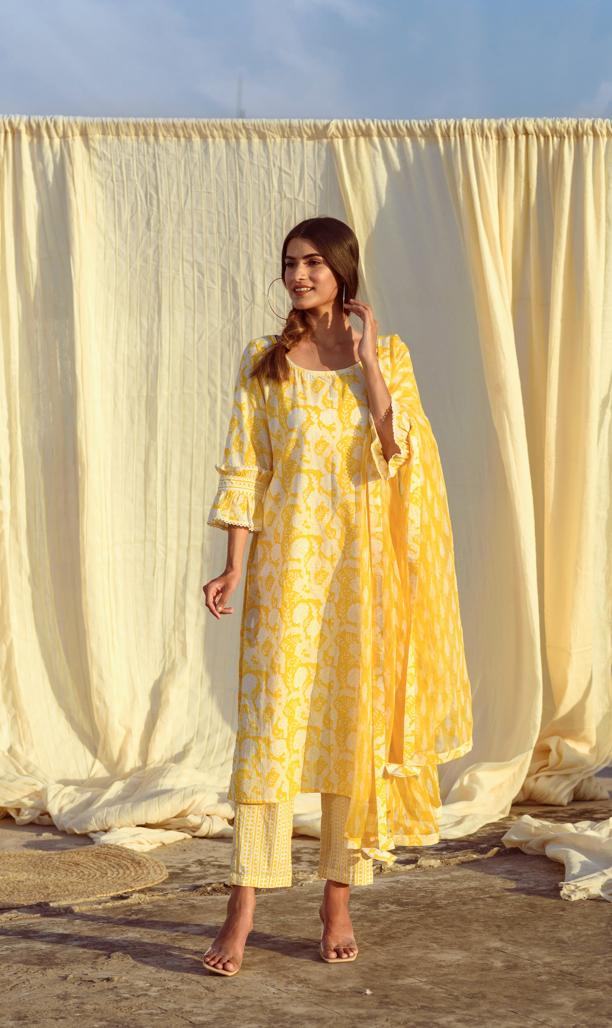 Yellow Block-Printed Tunic Set (Set of Three)