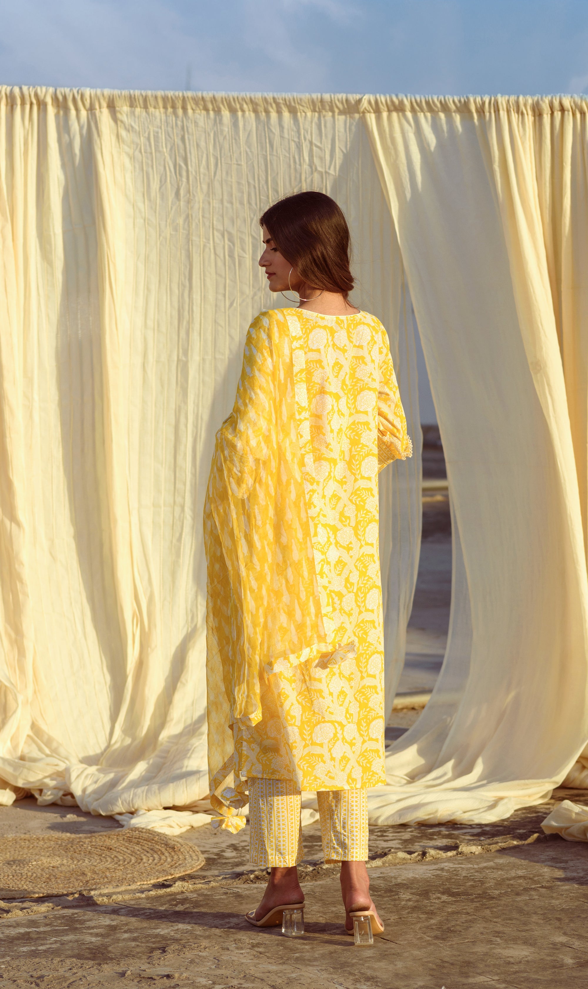 Yellow Block-Printed Tunic Set (Set of Three)