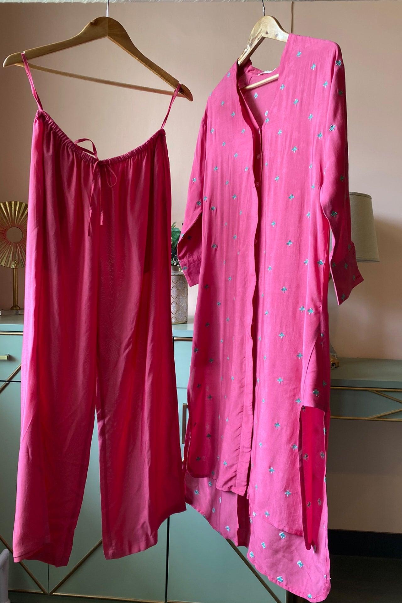 Fuchsia Embroidered Muslin Tunic Co-ord Set (Set of Two)