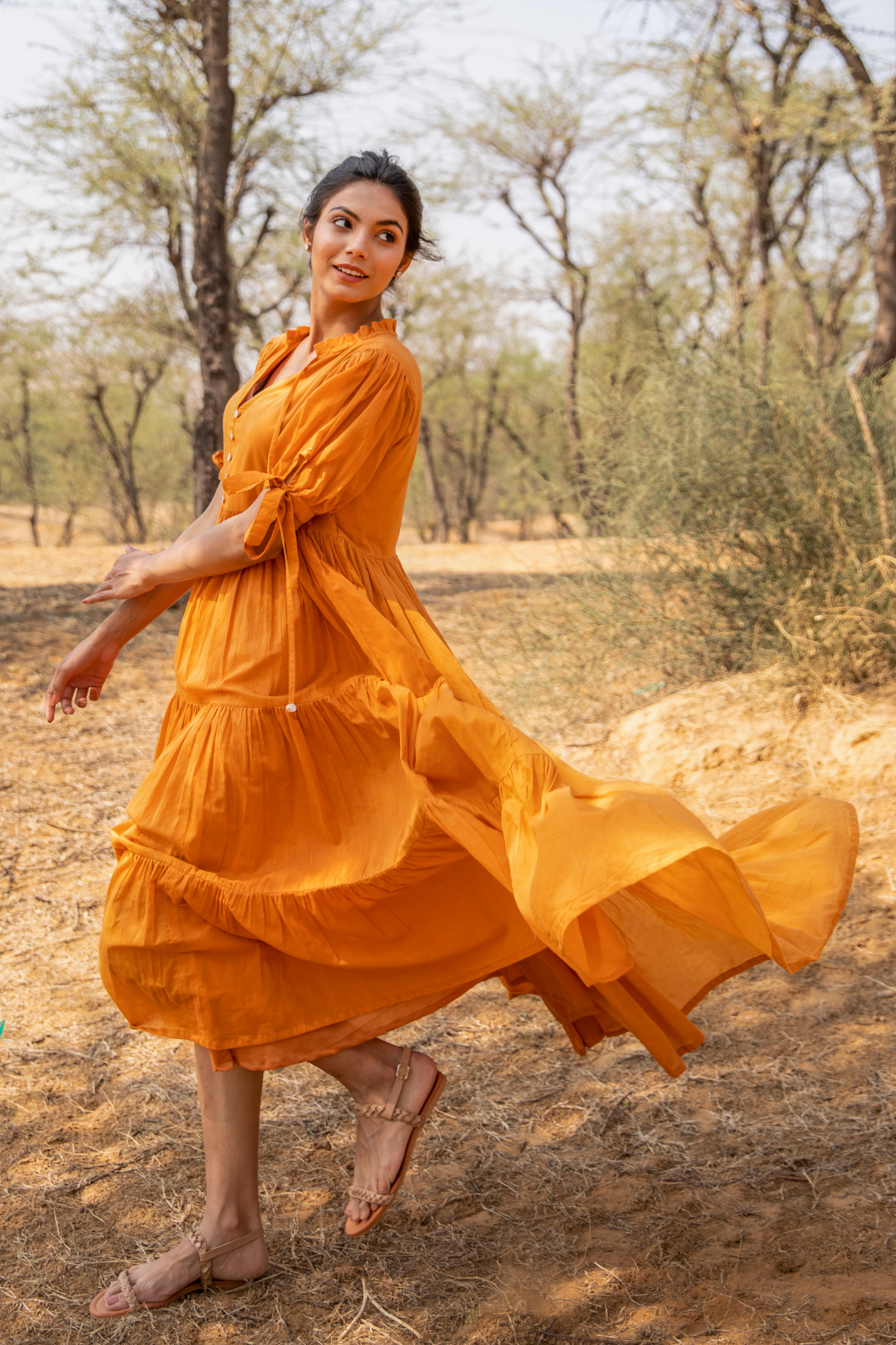 Tangerine Flared Cotton Voile Maxi Dress