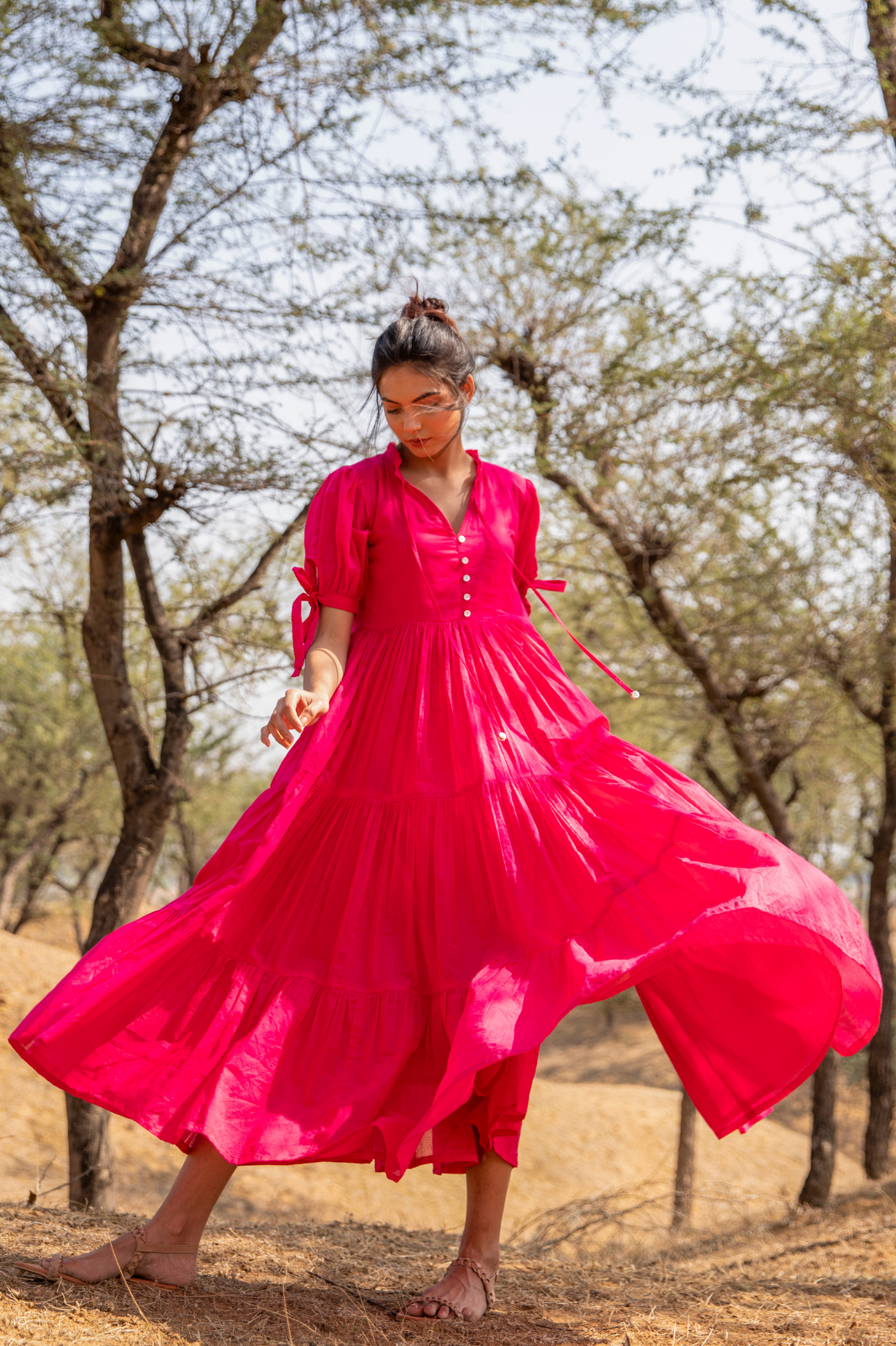 Fuchsia Flared Cotton Voile Maxi Dress