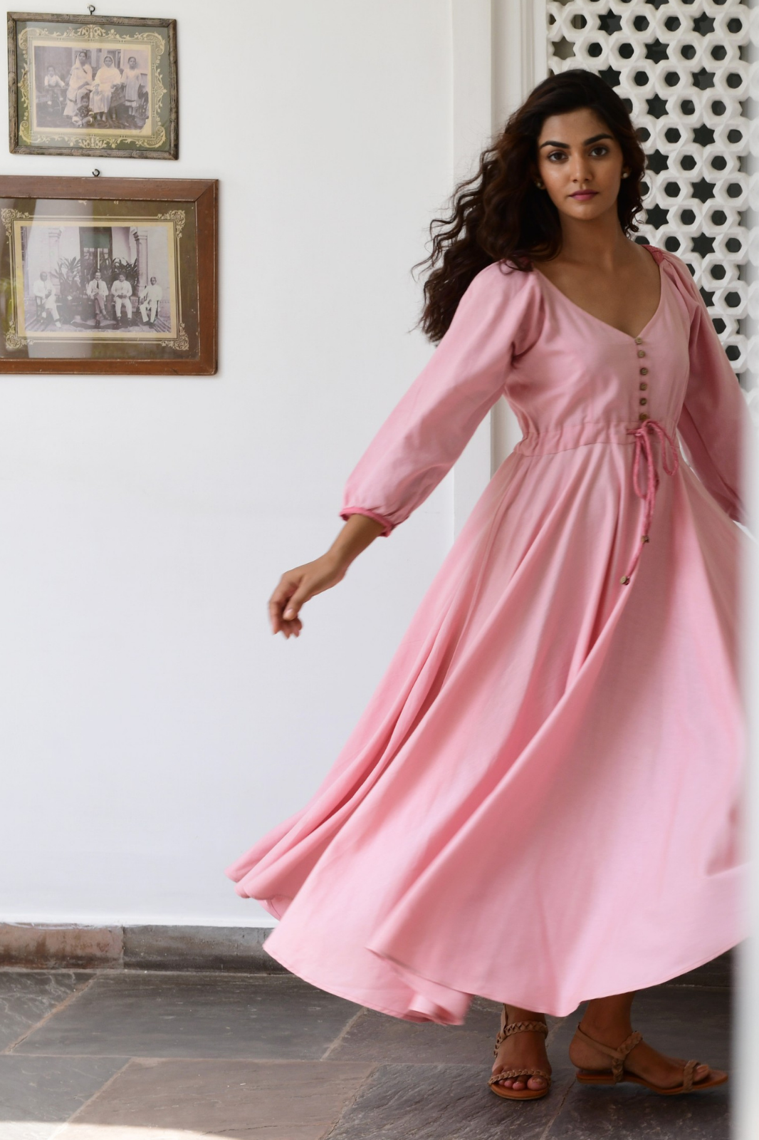 Pink Flared Long Cotton Maxi Dress