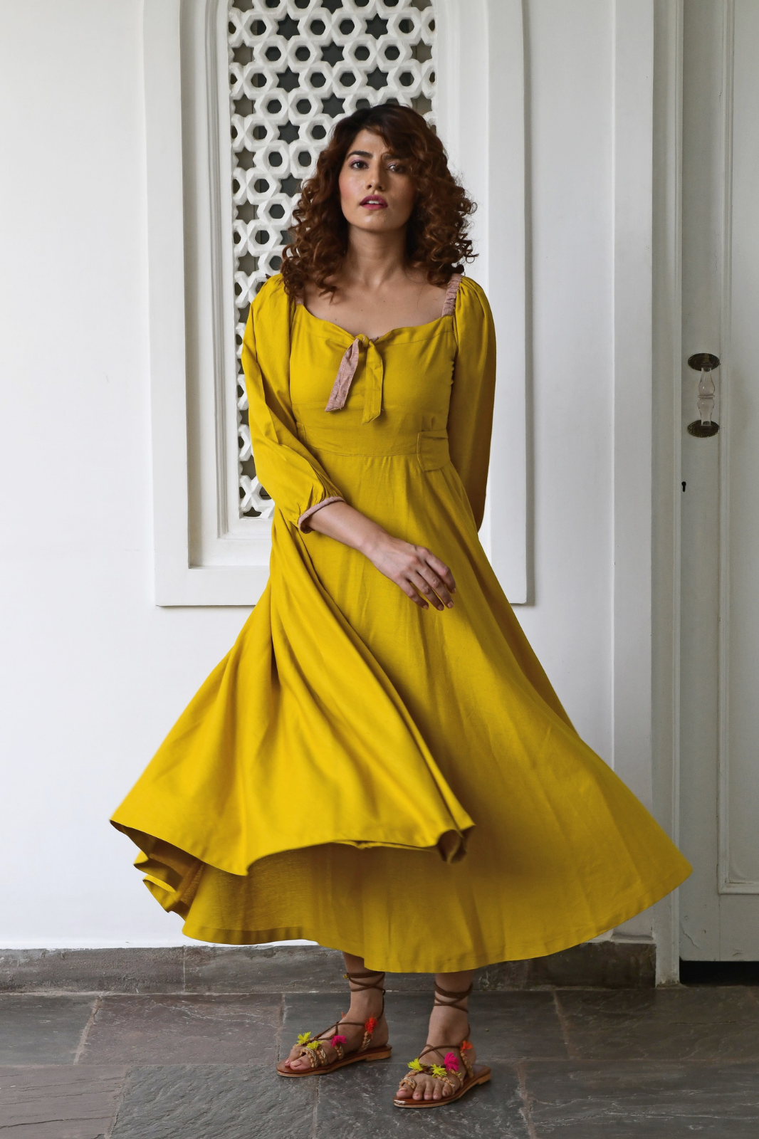 Yellow Flared Long Cotton Maxi Dress