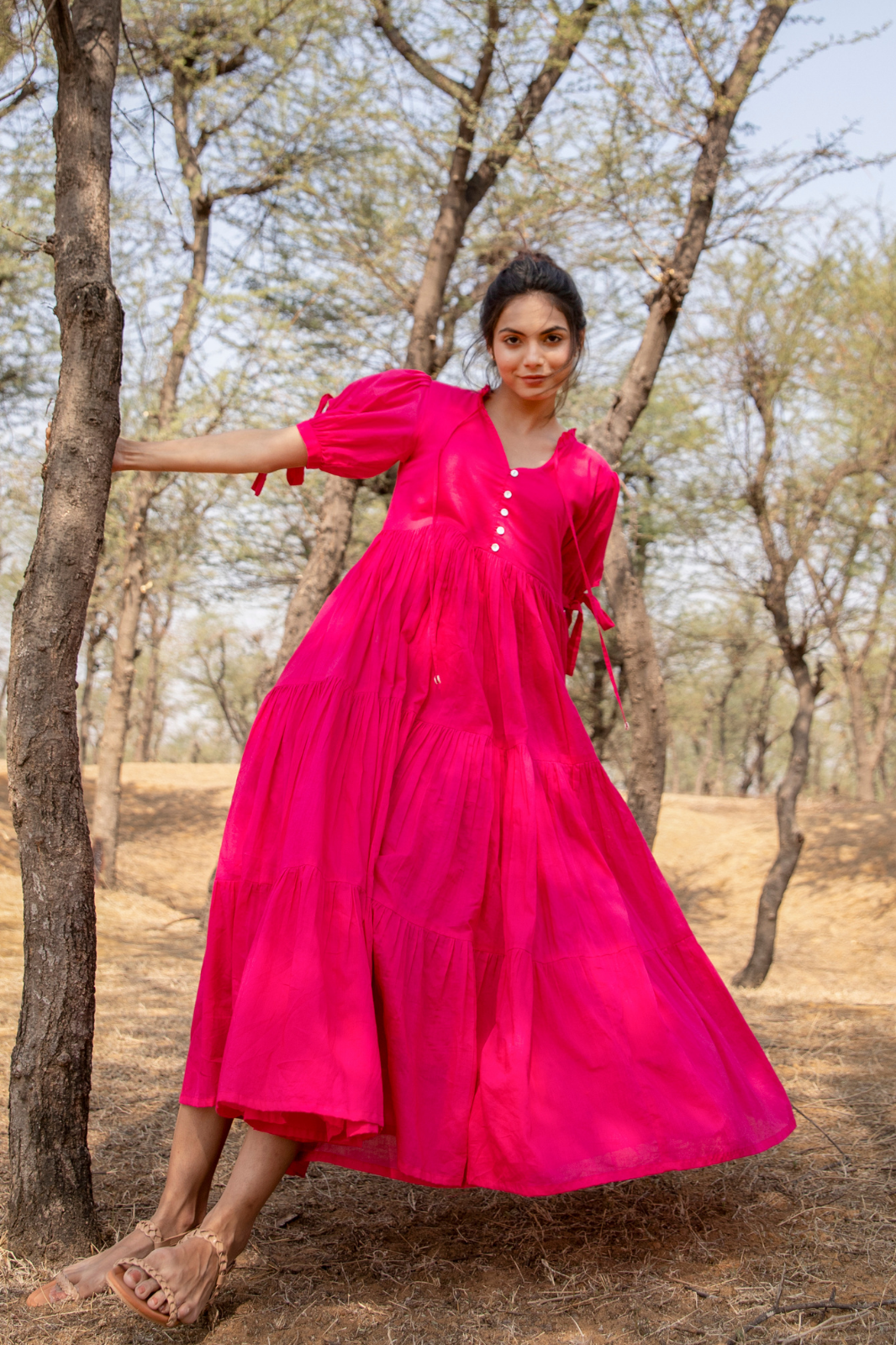 Fuchsia Flared Cotton Voile Maxi Dress