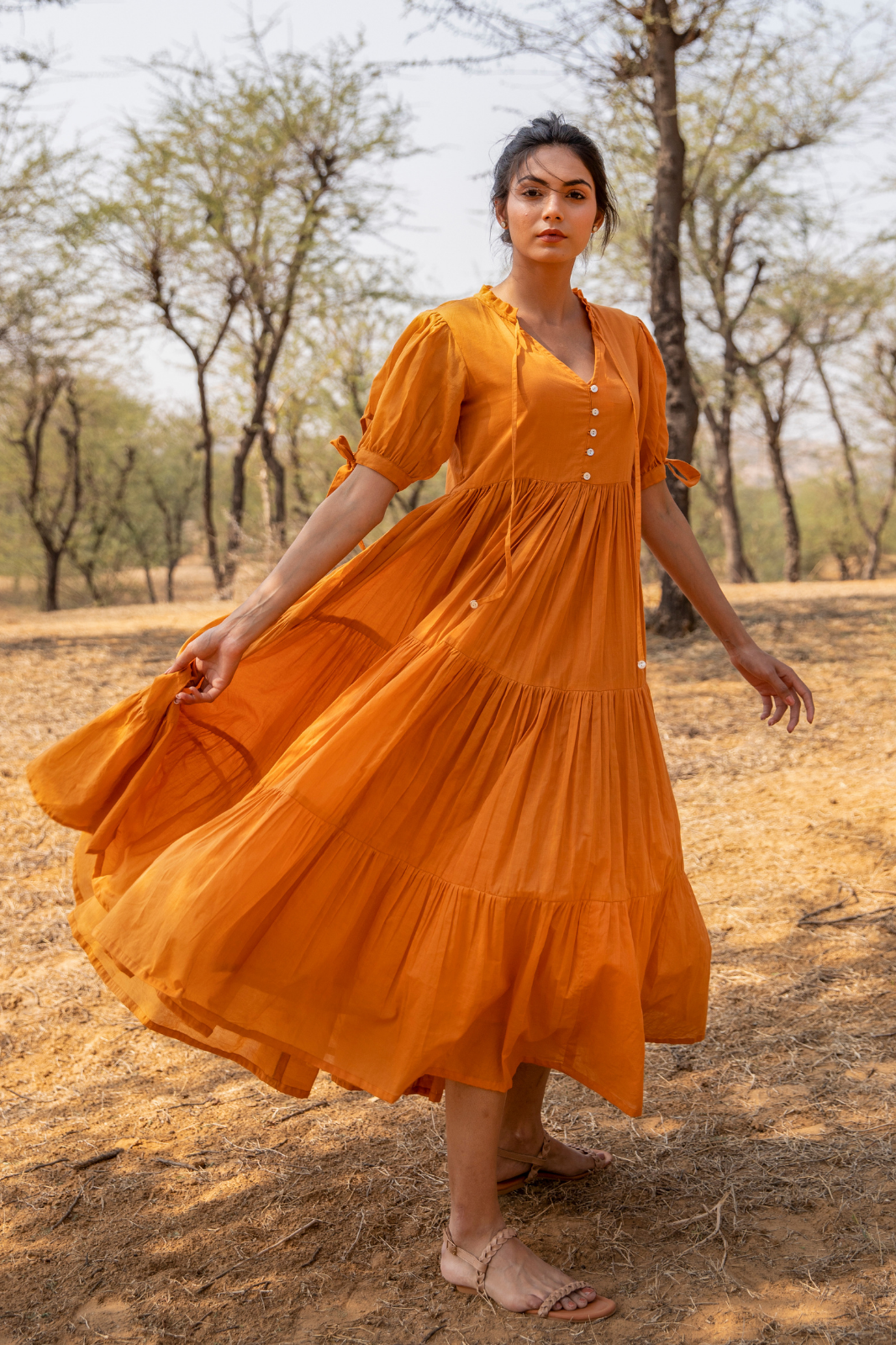 Tangerine Flared Cotton Voile Maxi Dress