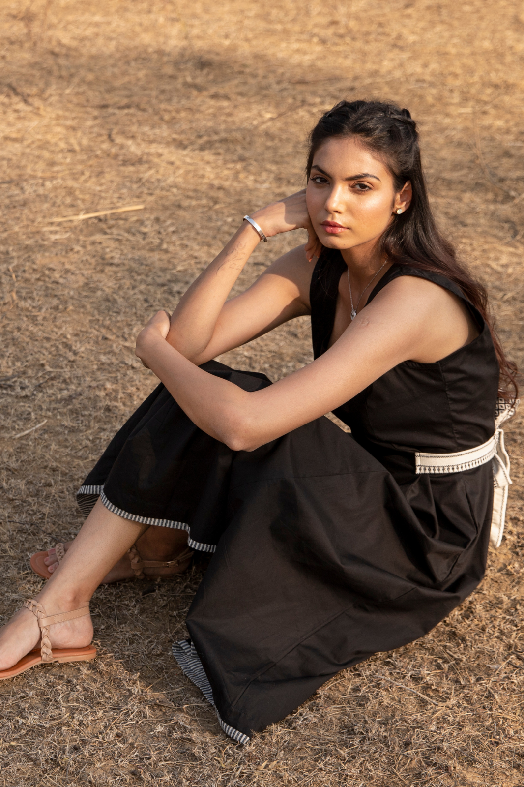 Black Sleeveless Long Cotton Midi Dress