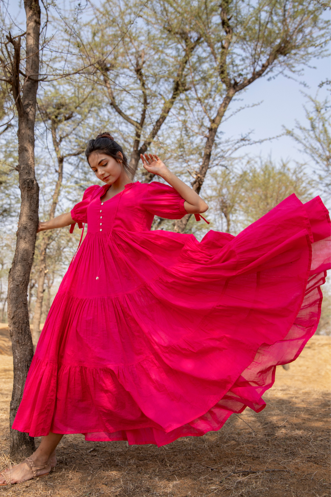 Fuchsia Flared Cotton Voile Maxi Dress