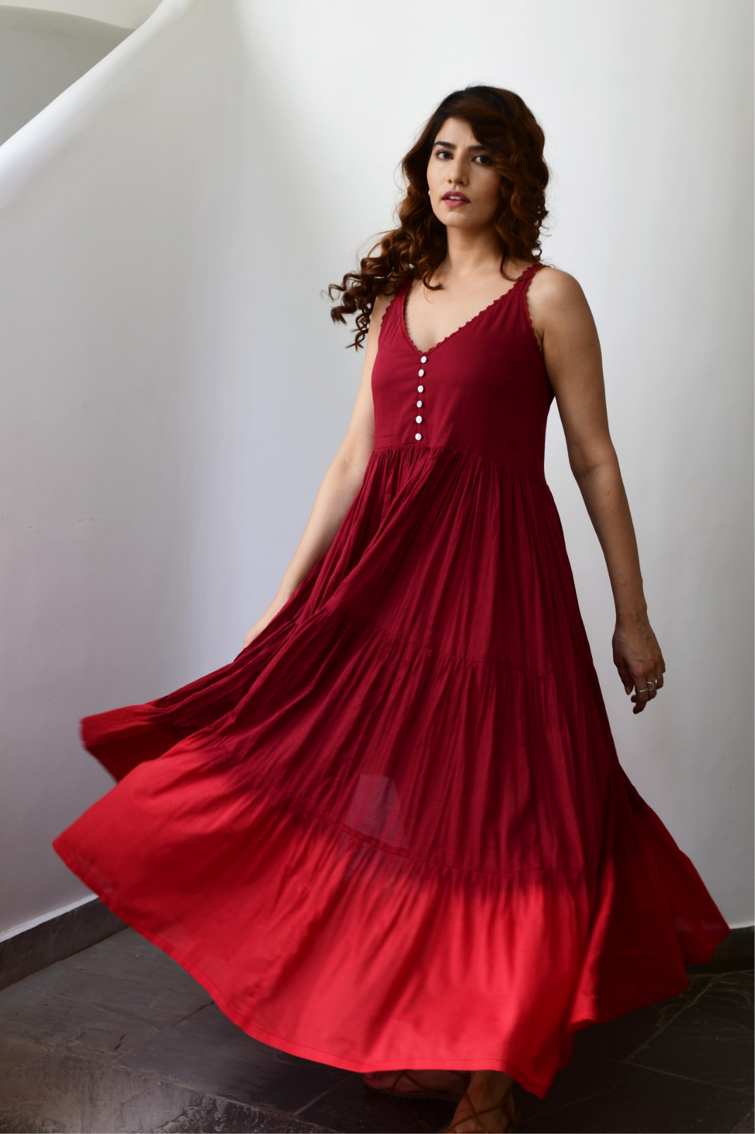 Wine Sleeveless Cotton Voile Maxi Dress