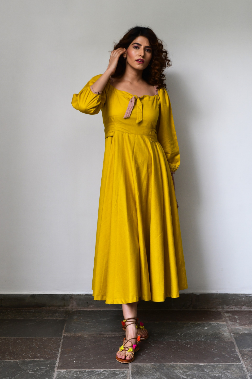 Yellow Flared Long Cotton Maxi Dress