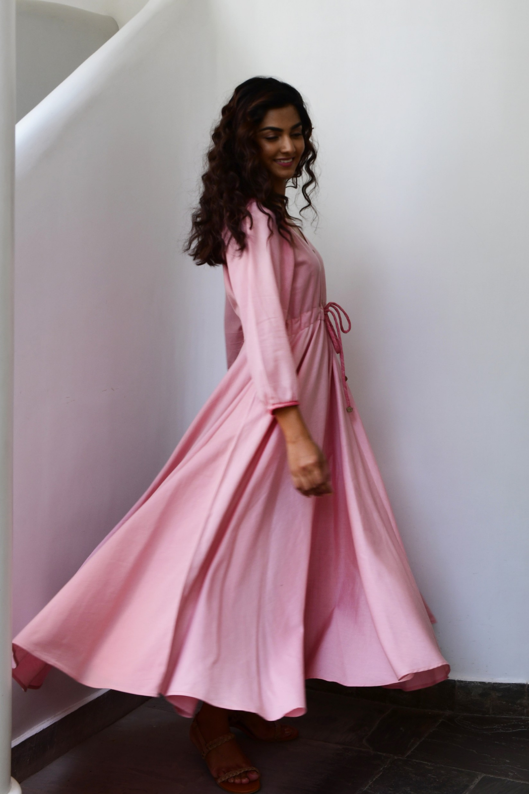 Pink Flared Long Cotton Maxi Dress