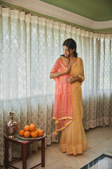 Yellow Peach Striped Chiffon Saree With Blouse (Set of Two)