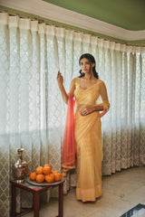 Yellow Peach Striped Chiffon Saree With Blouse (Set of Two)